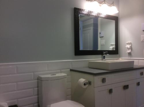 a bathroom with a toilet and a sink and a mirror at Condo Lac Archambault 298 in Saint-Donat-de-Montcalm