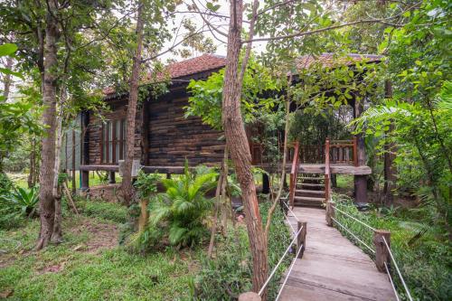 a wooden walkway leading to a cabin in the woods at Bong Thom Forest Lodge in Siem Reap