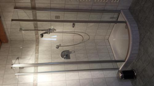 a shower in a bathroom with a glass door at Ferienhaus Schwörer in Rheinhausen