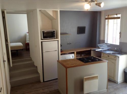 eine Küche mit einem weißen Kühlschrank und einer Mikrowelle in der Unterkunft Les ramades romanaises - Pas de TV in Saint-Roman-de-Malegarde