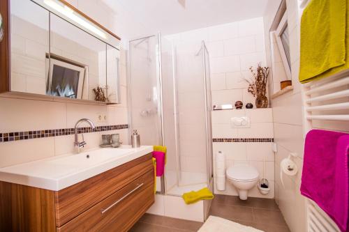 een badkamer met een wastafel en een toilet bij Ferienwohnung Streifinger in Freyung