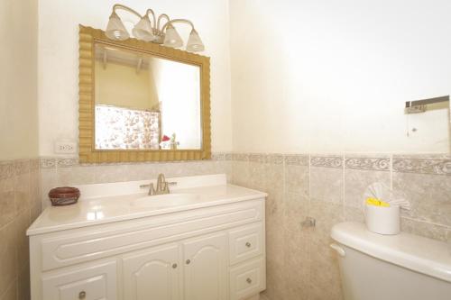 a bathroom with a sink and a mirror and a toilet at Connie's Comfort Suites in Saint Johnʼs