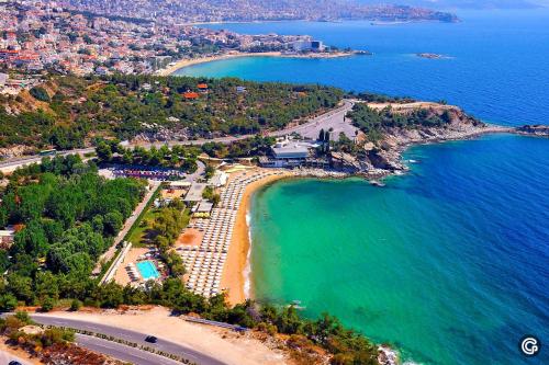 an aerial view of a beach and the ocean at Seaside Flat in Kavála