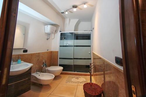 uma casa de banho com um chuveiro, um WC e um lavatório. em Al Vecchio Cellaio Historical Guest House em SantʼAntonio Abate