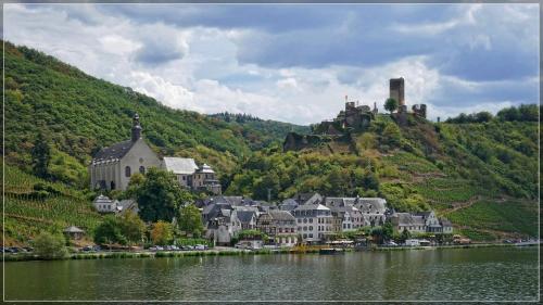 a town on a hill next to a body of water at Beilsteiner Ferienwohnungen in Beilstein