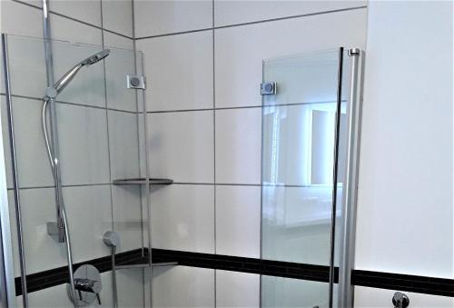 een douche met een glazen deur in de badkamer bij Ferienwohnung Enzblick in Bad Wildbad