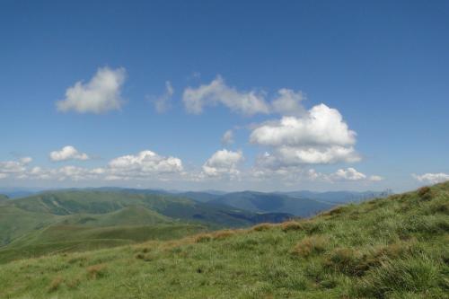 a view of a green hill with a blue sky and clouds at Аня Рома in Lazeshchyna