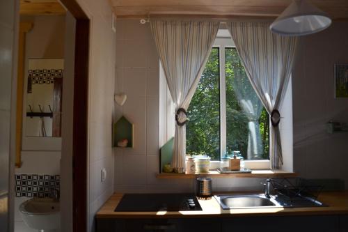 a kitchen with a sink and a window at Domek Klimaty Kamieńczyk in Międzylesie