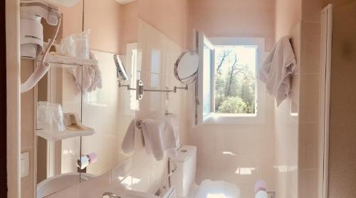uma casa de banho com um lavatório, um WC e uma janela. em Logis Hôtel Le Bellevue em Trévignin