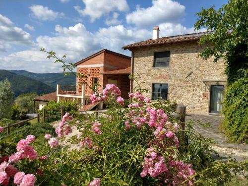 a stone house with pink flowers in front of it at Agriturismo La Fontaccia in Rufina