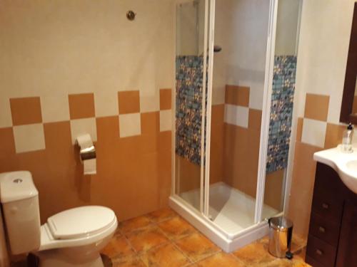 a bathroom with a shower and a toilet and a sink at Casa La Escuela in Tuilla