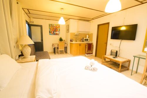 sypialnia z białym łóżkiem i salonem w obiekcie Hapinukim Shel Rozi w mieście Ein Tamar 