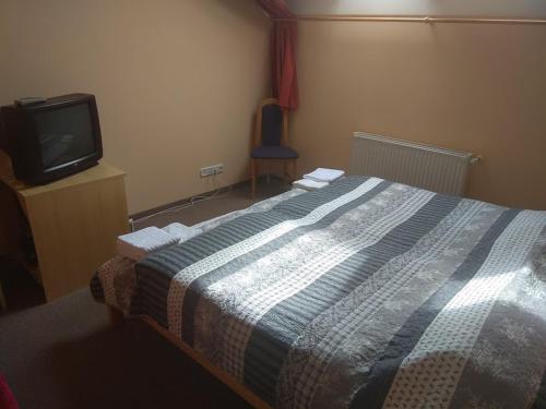 a bedroom with a bed and a tv at Hubertus Panzió in Csongrád