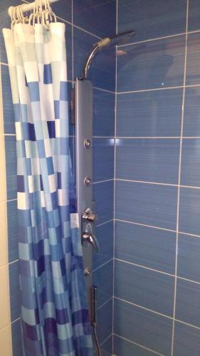 a shower with a shower curtain in a bathroom at O Nosso Cantinho in Louriçal