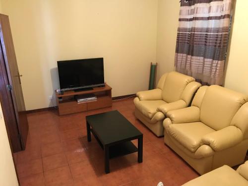 a living room with two couches and a flat screen tv at Douro vineyards and Mountains in Urgueira