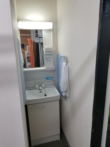 a bathroom with a white sink and a mirror at Kiyamachi Guesthouse in Kyoto