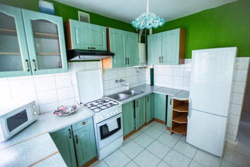 ルブリンにあるSkierki7のキッチン(緑と白のキャビネット、シンク付)