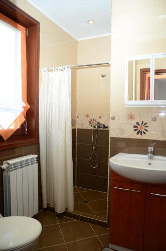 a bathroom with a shower and a sink at Къща за Гости Солакови ** in Devin