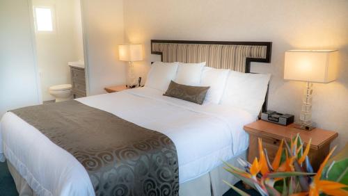 a hotel room with a large bed and two lamps at San Simeon Lodge in San Simeon