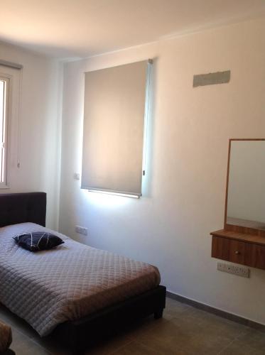 a bedroom with a bed and a mirror on the wall at Pomos Idol Exceptional Beach Villa in Pomos