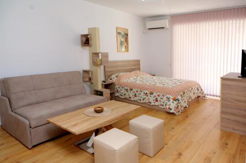 a living room with a couch and a bed at Studio Top City Center in Sandanski