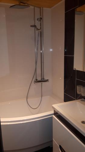 ein Bad mit einer Dusche und einem weißen Waschbecken in der Unterkunft Anne 80 Apartment in Tartu