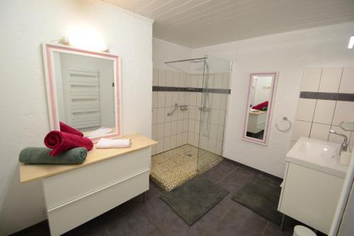 a bathroom with a shower and a sink and a mirror at Les Arches - Pardigon in La Croix-Valmer