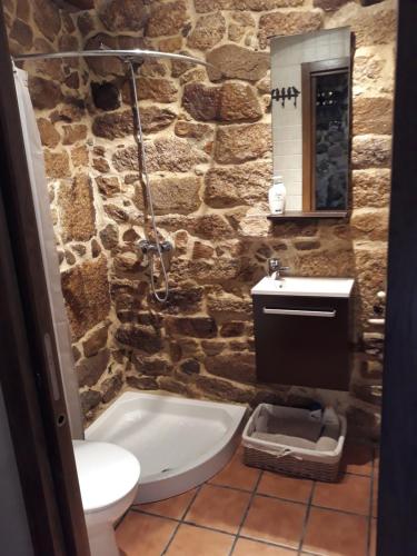 Baño de piedra con aseo y lavamanos en Loft Rural Corte de Fora en Ourense