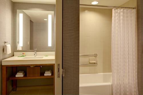 a bathroom with a sink and a tub and a mirror at Hyatt Place Tampa/Wesley Chapel in Lutz