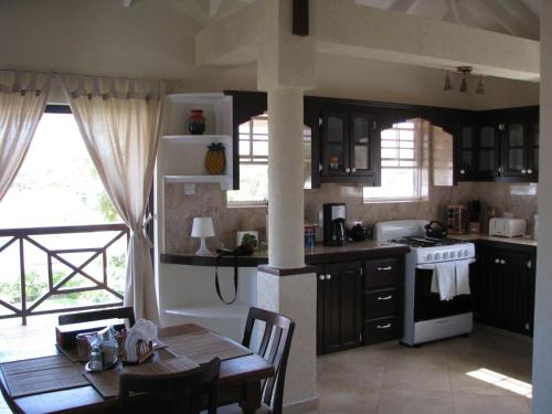 una cocina con una mesa y una estufa horno superior en Apartments in Maya's Bajan Villas, en Christ Church