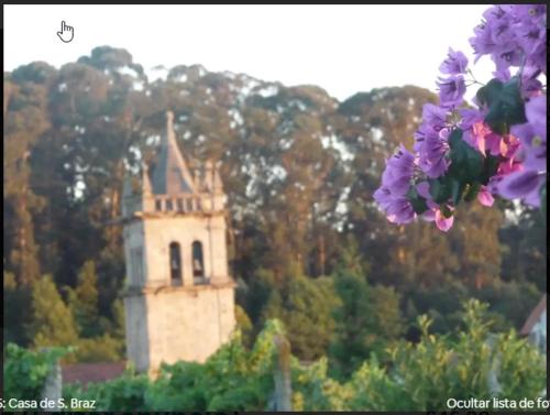 a building in the background with purple flowers in the foreground at São Braz Terrace in Landim