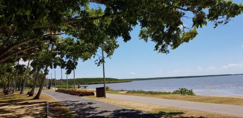 a sidewalk next to a beach with trees and the water at Reef Palms in Cairns