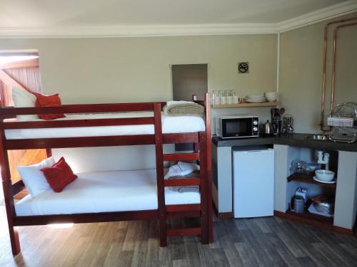 a small kitchen with two bunk beds in a room at Teri-Lemveli Lodge in Beaufort West