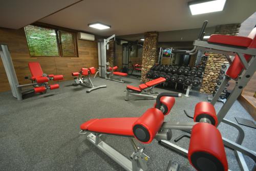 a gym with red chairs and a bunch of machines at Vila 6aTo Hotel & Wellnes in Sofia