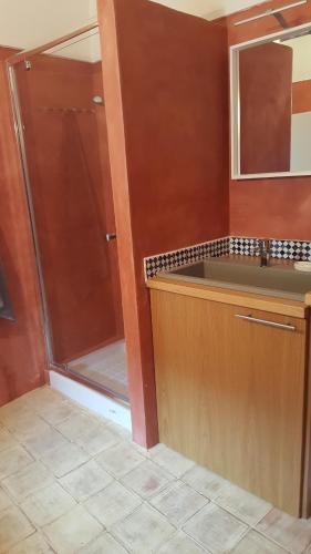 a bathroom with a shower and a sink and a mirror at Dammusi di pietra Stella in Pantelleria
