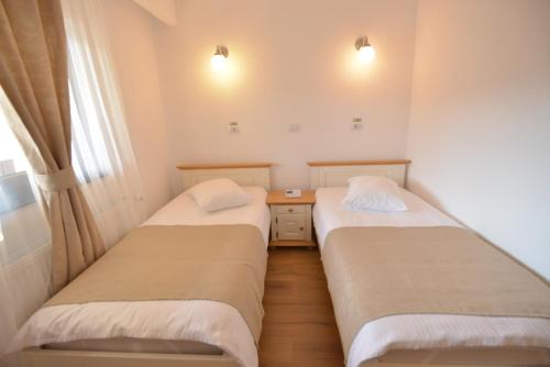 a room with two beds and a desk and a window at Casa Anastasia in Vişeu de Sus