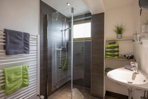 a bathroom with a shower and a sink at Berghof Geisler in Finkenberg