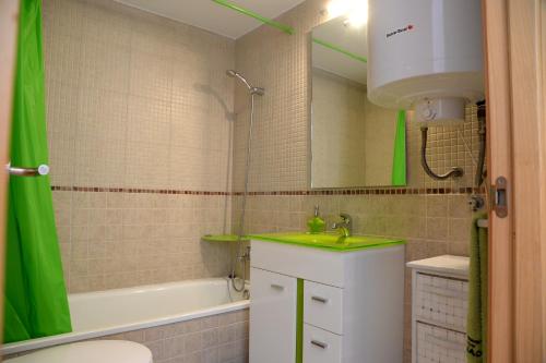 ロザスにあるGelijkvloers appartement Port Marinaのバスルーム(緑のシャワーカーテン、シンク付)
