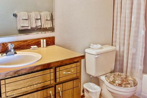uma casa de banho com um WC e um lavatório com uma cortina de chuveiro em On Beyond Condo em Ocean Shores