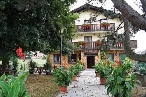 a building with potted plants in front of it at Hotel-Landgasthof Henghuber in Rötz