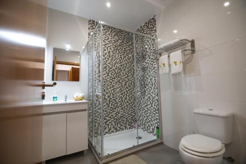 a bathroom with a shower with a toilet and a sink at Mocho GuestHouse in São Mamede