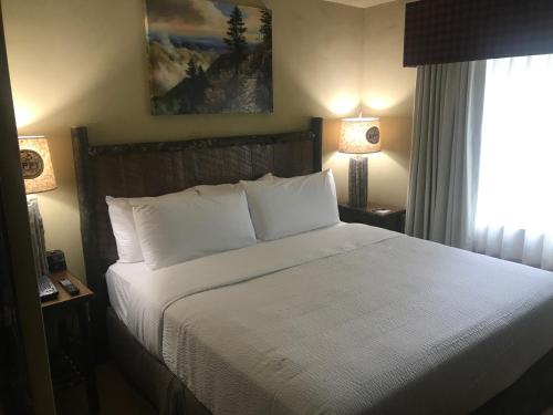 a bedroom with a bed with white sheets and a window at The Appy Lodge in Gatlinburg