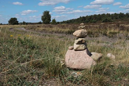 a stack of rocks sitting on top of a field at Ferienwohnungen / Ferienhaus Wahlers in Bispingen