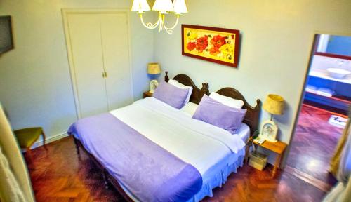 a bedroom with a large bed with purple pillows at Bernie's Bed & Breakfast , A 3 KILOMETROS DEL AEROP EZEIZA, VAN ,IN-OUT, FREE EZEIZA AIRPORT in Ezeiza