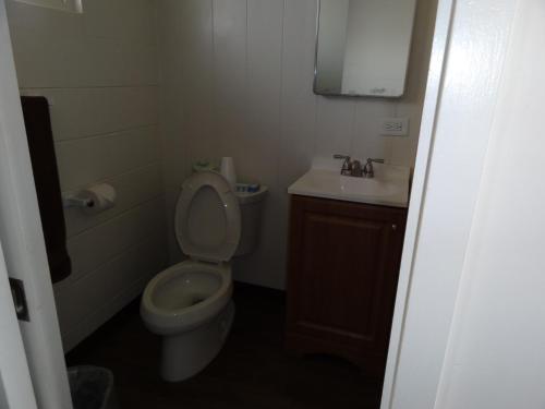 a small bathroom with a toilet and a sink at Tip Top Motel in Lihue