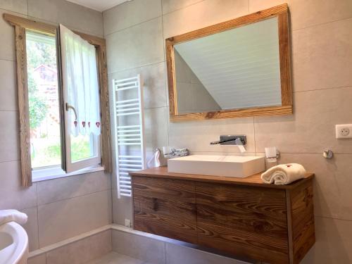 une salle de bain avec un lavabo et un miroir dans l'établissement Chalet Le Flocon Bleu - Mauselaine avec vue sur le Lac de Gérardmer, à Gérardmer