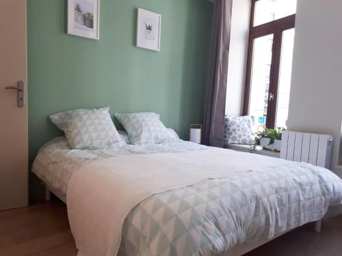 - une chambre avec un grand lit aux murs verts dans l'établissement Appartement 60m2 / Hyper Centre (Gares et Vieux Lille), à Lille