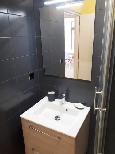une salle de bain avec un lavabo blanc et un miroir dans l'établissement Appartement 60m2 / Hyper Centre (Gares et Vieux Lille), à Lille