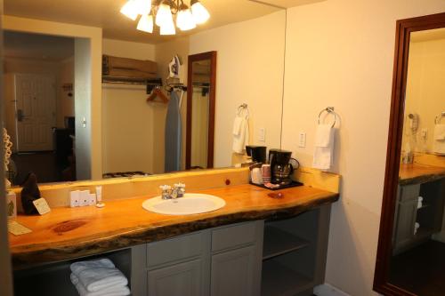 a bathroom with a sink and a large mirror at Historian Inn in Gardnerville