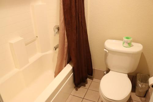a bathroom with a toilet with a roll of toilet paper on it at Historian Inn in Gardnerville